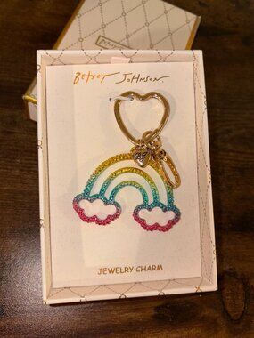Betsey Johnson Rainbow Bag Charm Keychain Gold Tone Glitter Rainbow Jewelry Char